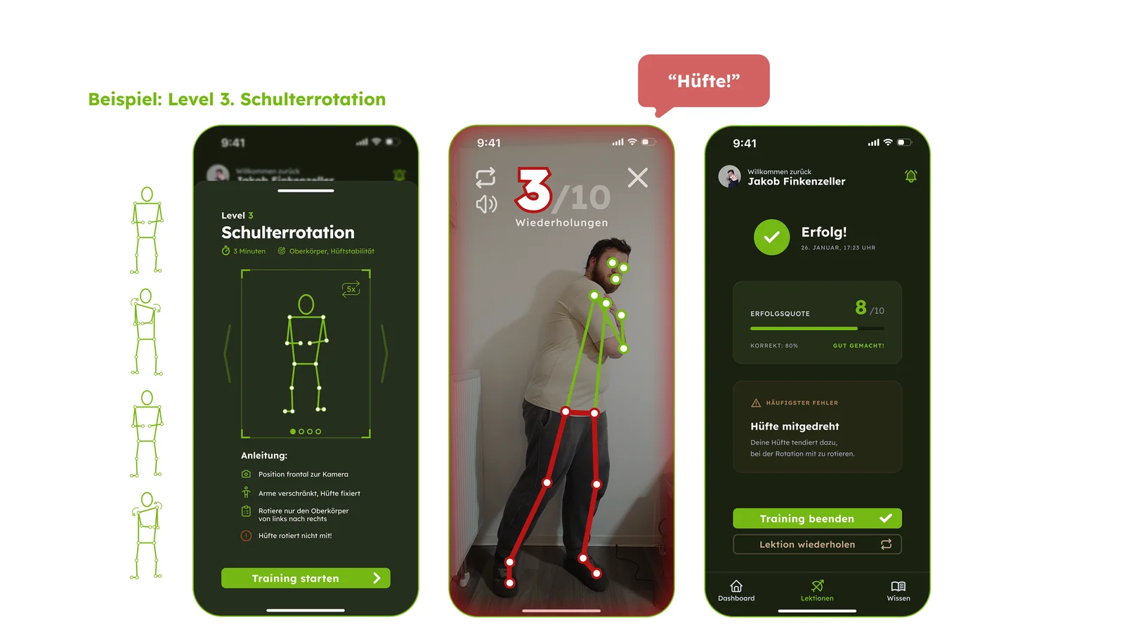 Three ArcherAI app screens showing an exercise, pose feedback and session summary.