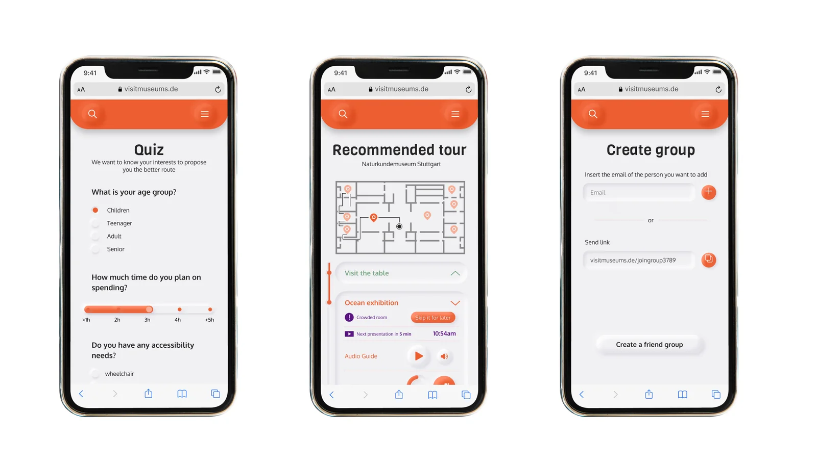Explore screens show an interest quiz, recommended museum tour and group setup.