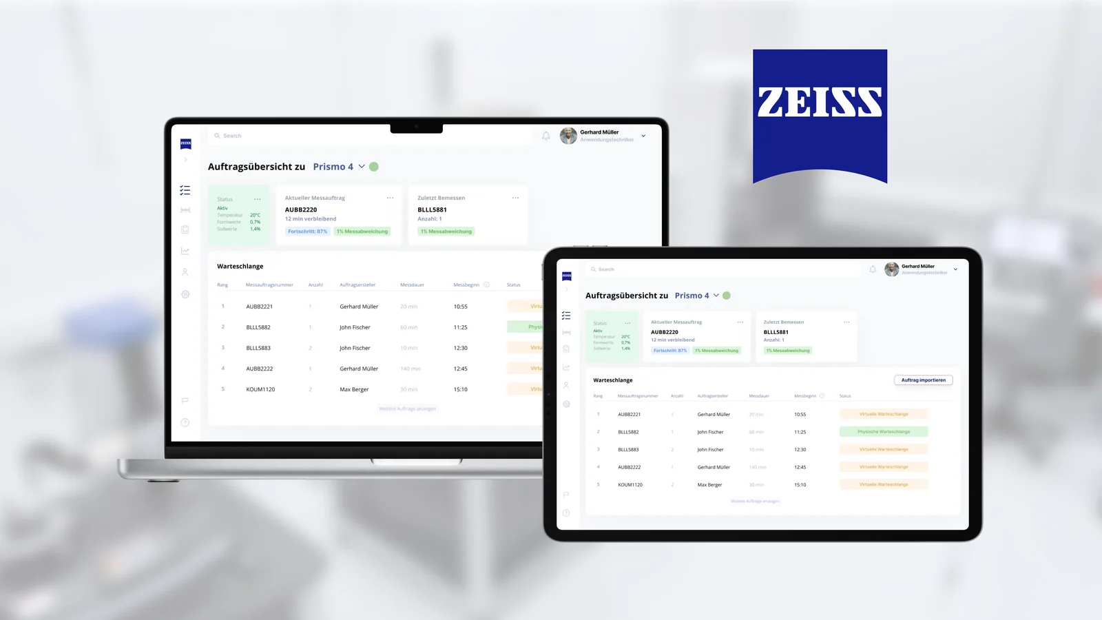 ZeissMeasure order overview displayed on a laptop and tablet.